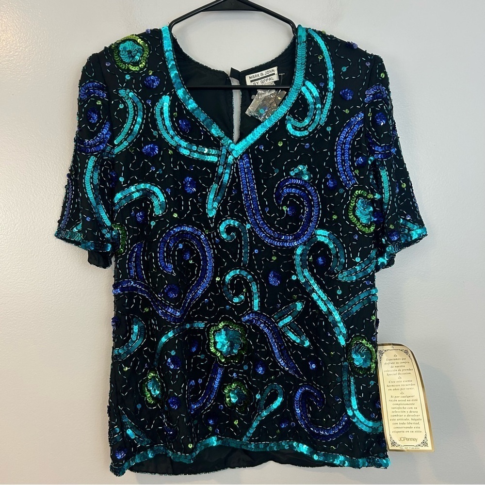 NWT Vintage Mark & John Gopal 100% Silk Sequin Blue/Green Short Sleeve Top Small